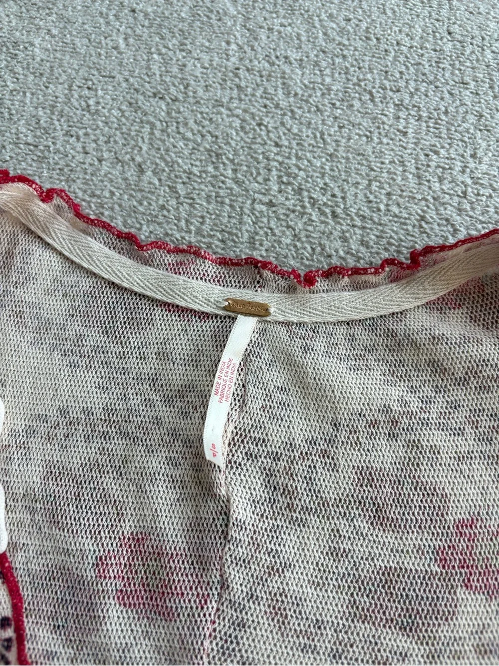 Free People Cream Mesh Top with Red Floral Print